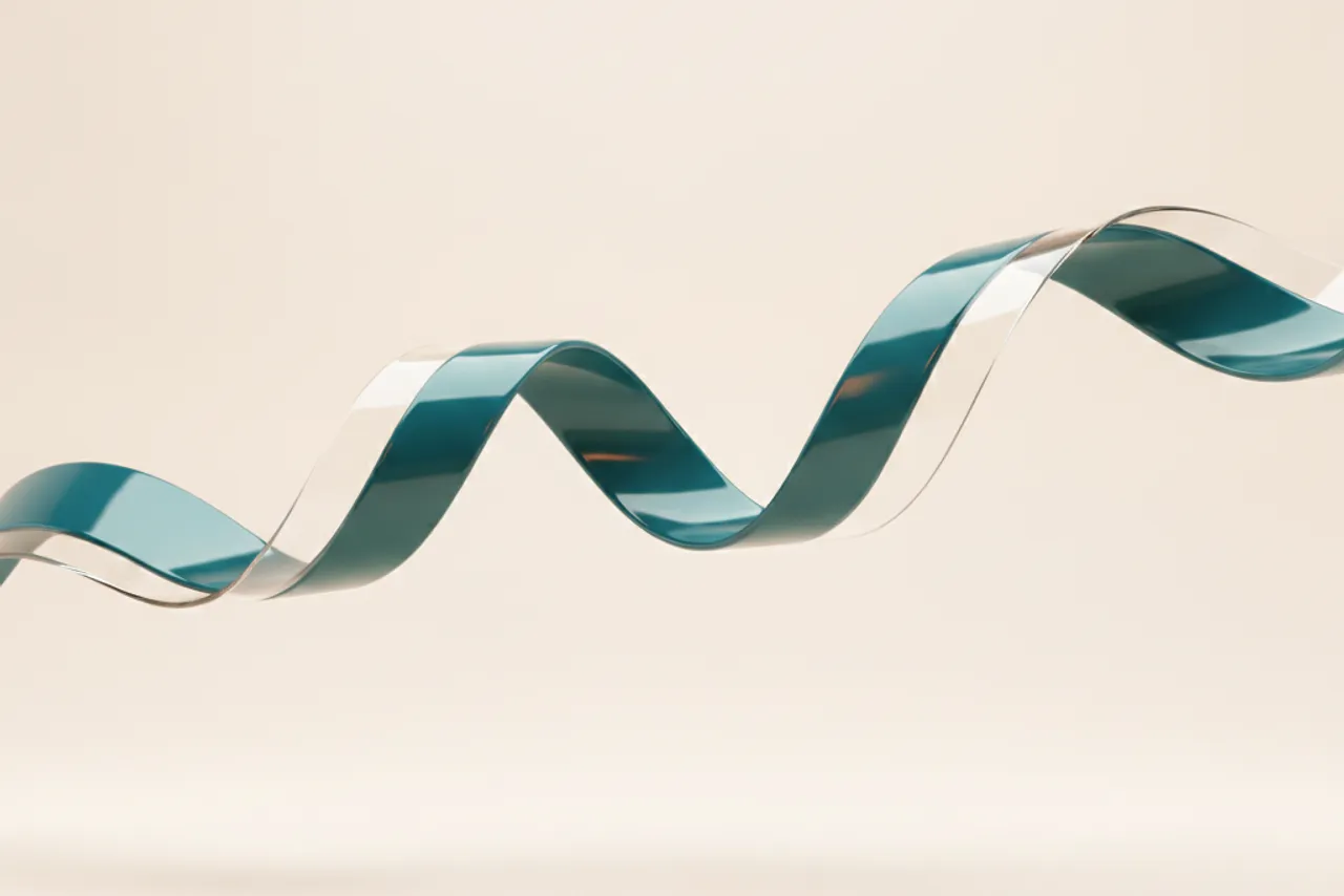 Glossy teal chrome ribbon flowing across a dark background