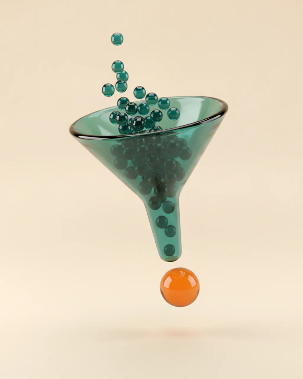 Glossy teal funnel pouring small teal spheres, with a single amber sphere emerging below