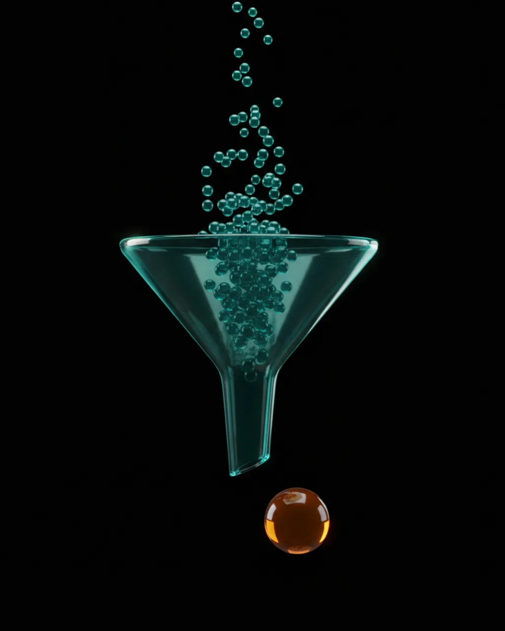 Glossy teal funnel pouring small teal spheres, with a single amber sphere emerging below
