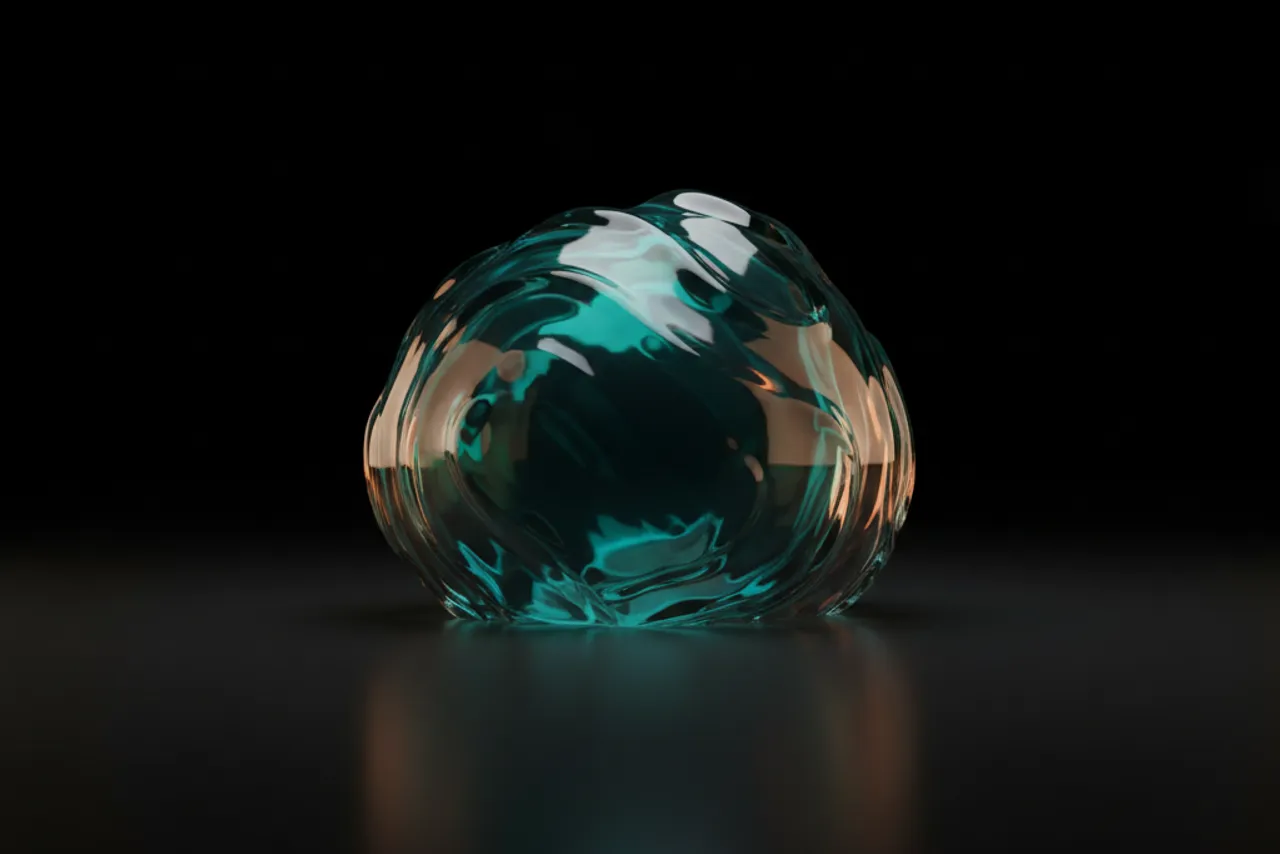 Iridescent glass sculpture refracting teal light